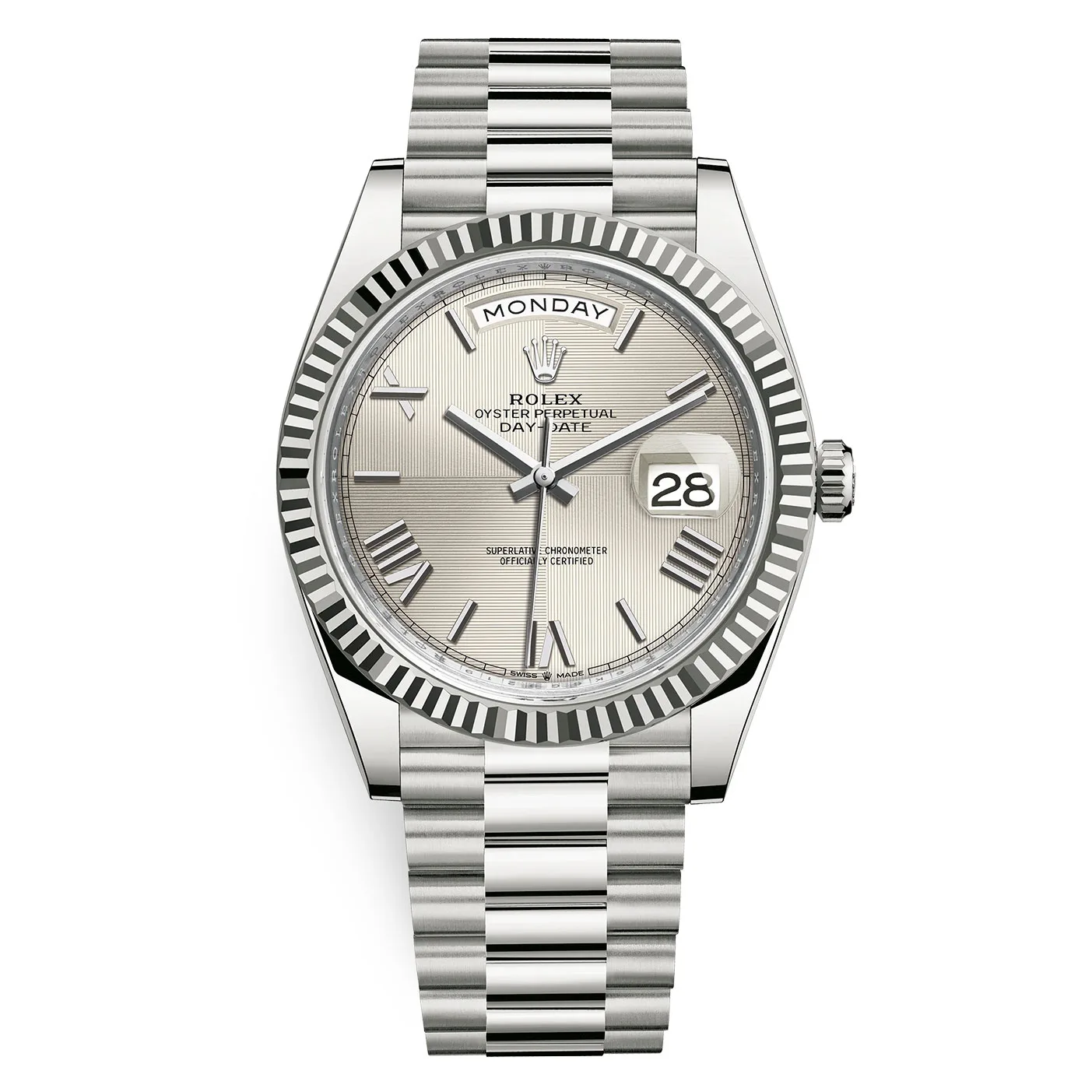 Rolex Day-Date 228239 Silver Quadrant Motif Bevelled Roman Dial 40mm White Gold Mens Watch 3 Rolex Day-Date 228239 Silver Quadrant Motif
