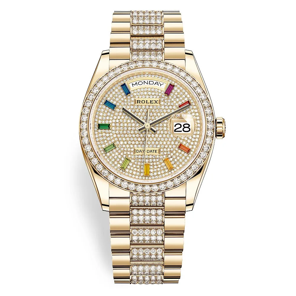 Rolex Day-Date 128348RBR Pave Rainbow 36mm Yellow Gold Diamond Bracelet Midsize Watch 3 Rolex Day-Date 128348RBR Pave Rainbow 36mm Yellow Gold Diamond Bracelet Midsize Watch