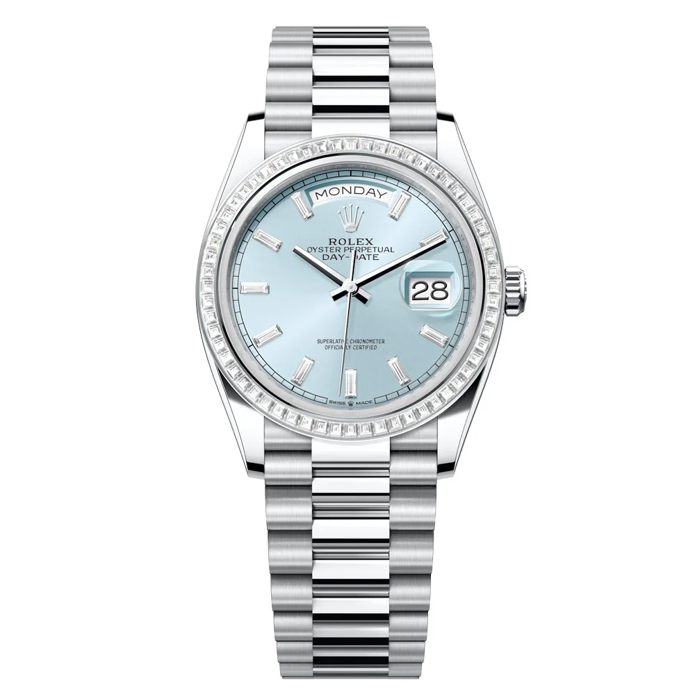 Rolex Day-Date 128396TBR-0003 Ice Blue Baguette Dial 36mm Platinum Midsize Watch 3 Rolex Day-Date 128396TBR-0003 Ice Blue Baguette Dial 36mm Platinum Midsize Watch