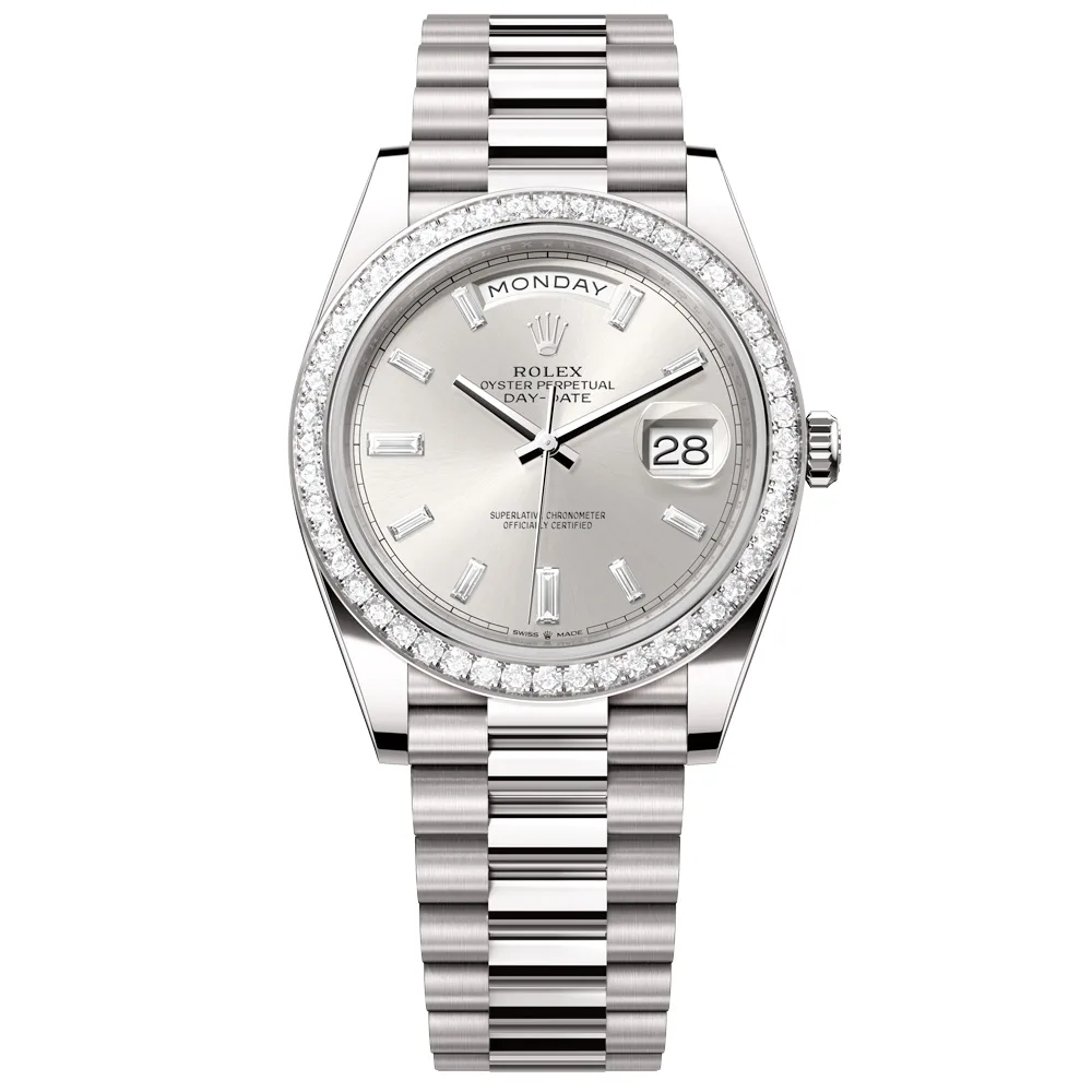 Rolex Day-Date 228349rbr-0001 Silver Baguette Diamond Dial 40mm White Gold Men's Watch
