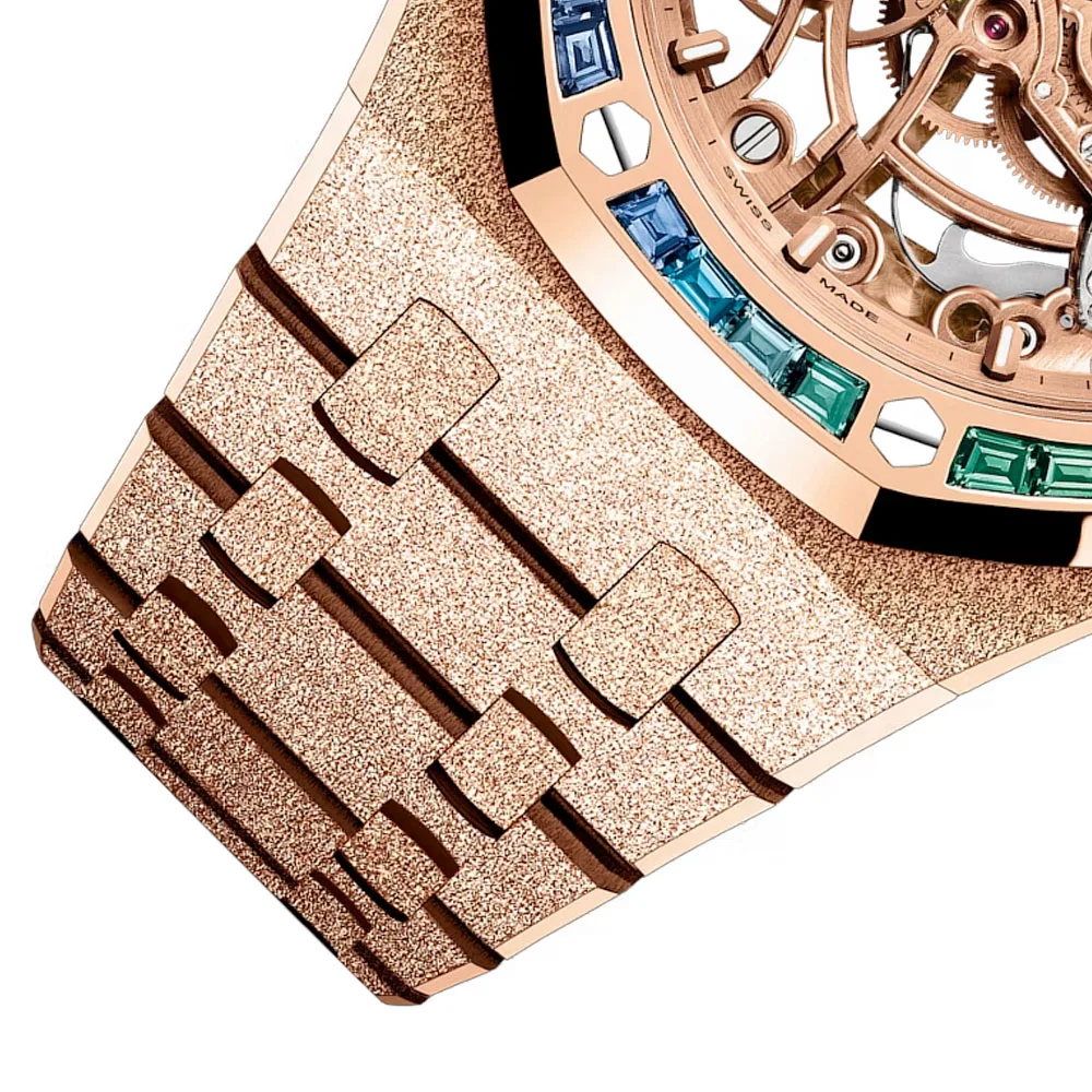 Audemars Piguet 15468OR.YG.1259OR.01-B Royal Oak Double Balance Wheel Openworked Frosted Pink Gold - Rainbow Dial Watch - Image 3