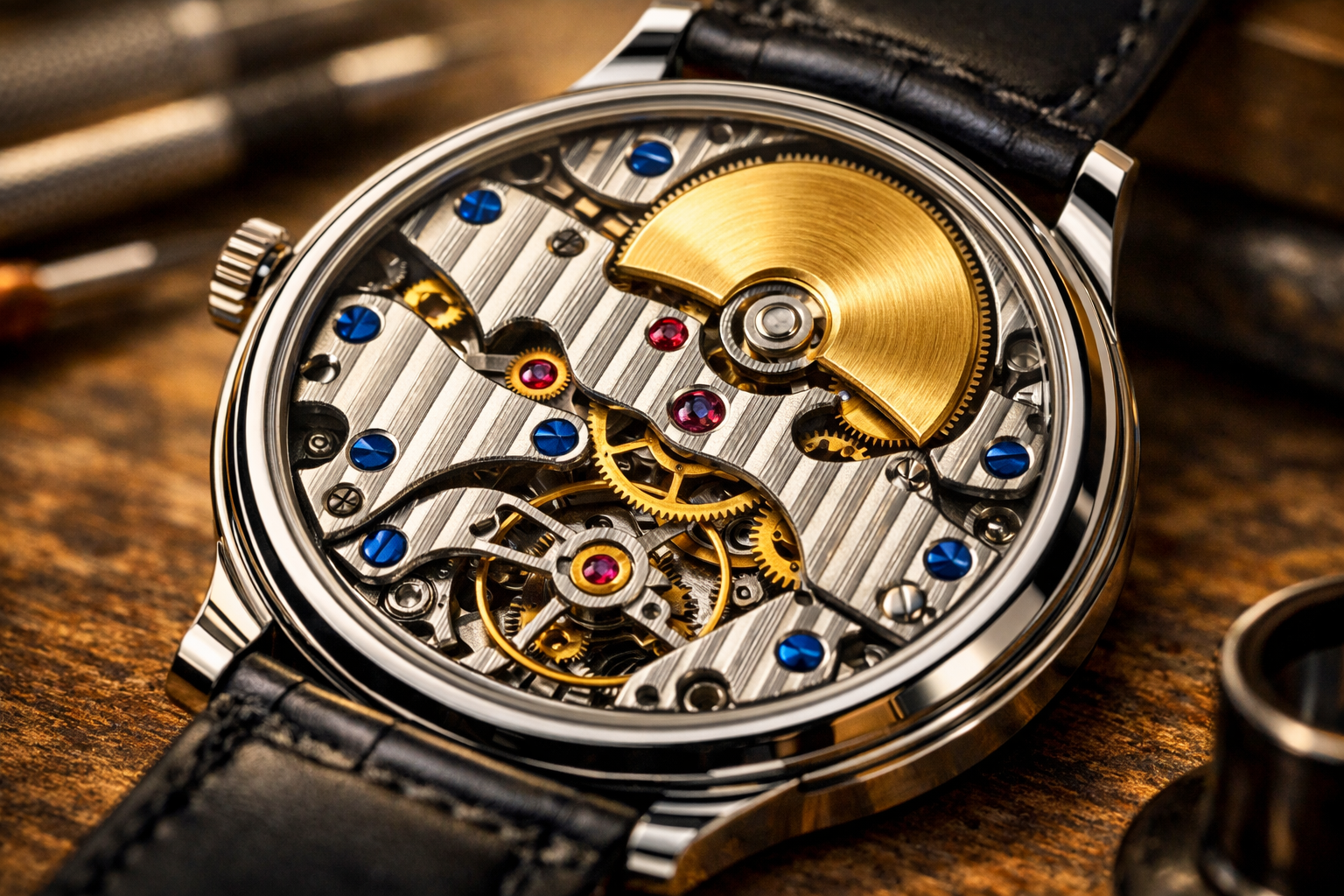 () close-up macro photograph of a luxury dress watch movement — an ultra-thin hand-wound mechanical caliber visible through