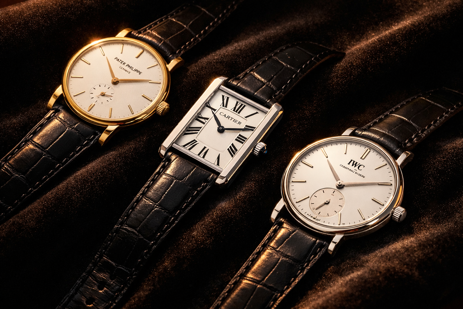 () editorial image showing a flat-lay arrangement of three ultra-slim luxury dress watches — including a Patek Philippe
