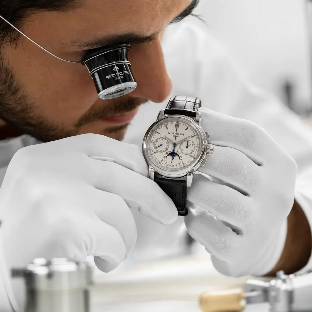 Watchmaker authenticating a pre-owned luxury watch using a loupe