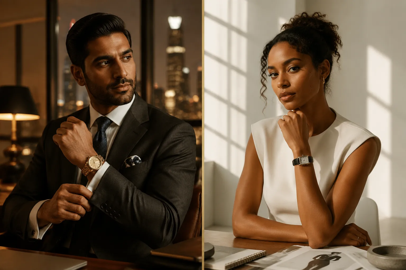 What Your Watch Says About You: A Style Guide for Every Personality 2 Split-screen editorial landscape (): left half shows a confident South Asian male executive in a tailored charcoal suit